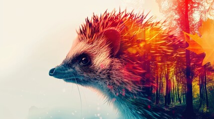 Artistic double exposure of a hedgehog integrating forest elements creating a vibrant, colorful and unique natural wildlife image.