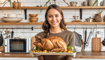 Smiling Woman with Turkey in Kitchen
