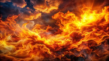 Vibrant, swirling clouds of orange, yellow, and red flames engulf a dark background, evoking intense heat and fiery passion.