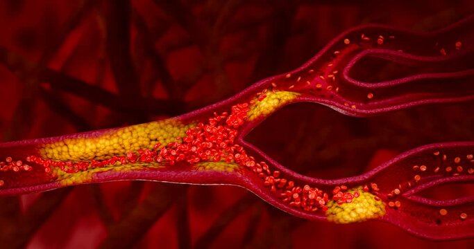 Hyperlipidemia or arteriosclerosis. Blocked artery concept and human blood vessel as a disease with cholesterol fat buildup clogging. Clogged arteries, Cholesterol plaque in the artery. 3D Rendering
