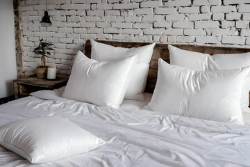 White pillows on the bed in loft style bedroom.