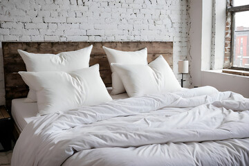 Obraz premium White pillows on the bed in loft style bedroom.