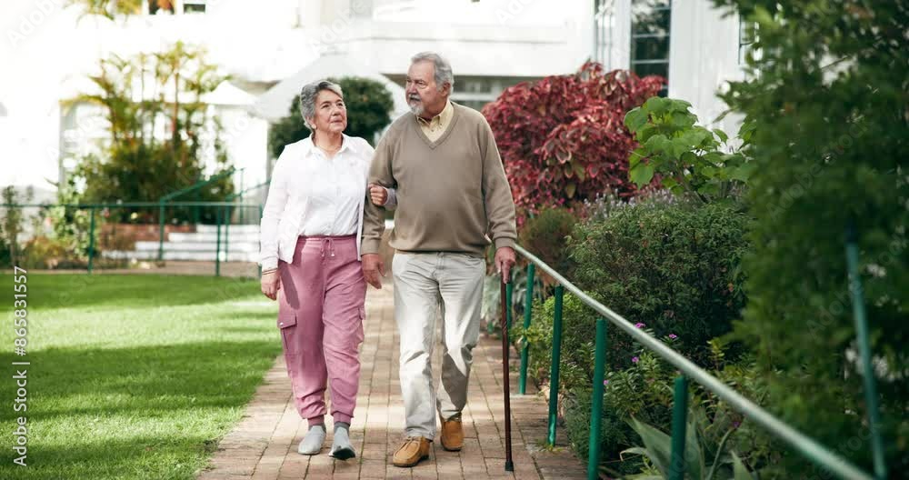 Sticker Senior couple, walking and happy in garden for love, retirement and support for date together. Smile, elderly man and woman in backyard of nursing home for wellness or pride in nature for anniversary