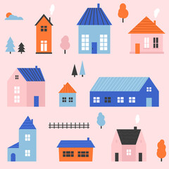 Small cute house seamless pattern. Cartoon village town repeated texture. Doodle cosy tiny little cottages background. Repeating suburban town houses and trees wallpaper. Vector illustration