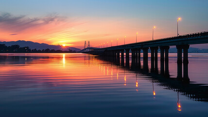 Fototapeta premium Silhouette of bridge reflects on tranquil waterfront, AI Generative.