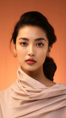Beauty face. Woman with natural makeup and healthy skin portrait. Beautiful asian girl model touching fresh glowing hydrated facial skin on beige background closeup. Skin care concept 