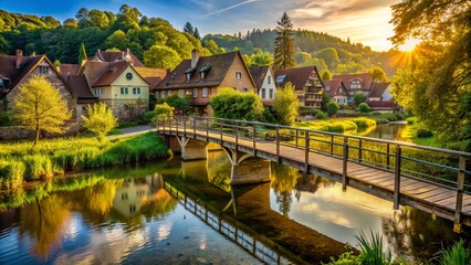 Fototapeta premium Rustic pedestrian bridge spans serene shallow river, surrounded by lush trees, quaint village houses, and embankment, in warm afternoon light.