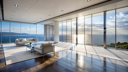 Contemporary minimalist interior design space with sleek lines, abundant natural light, and breathtaking sea and sky views in the distance.