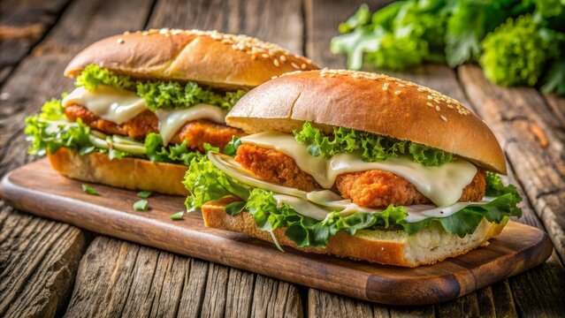 Crisp bolillo bread halves cradle juicy breaded chicken, melted Oaxaca cheese, and fresh lettuce, awaiting devouring on a rustic wooden table.