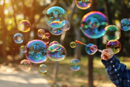 In a park, a man uses a bubble wand to blow colorful bubbles.