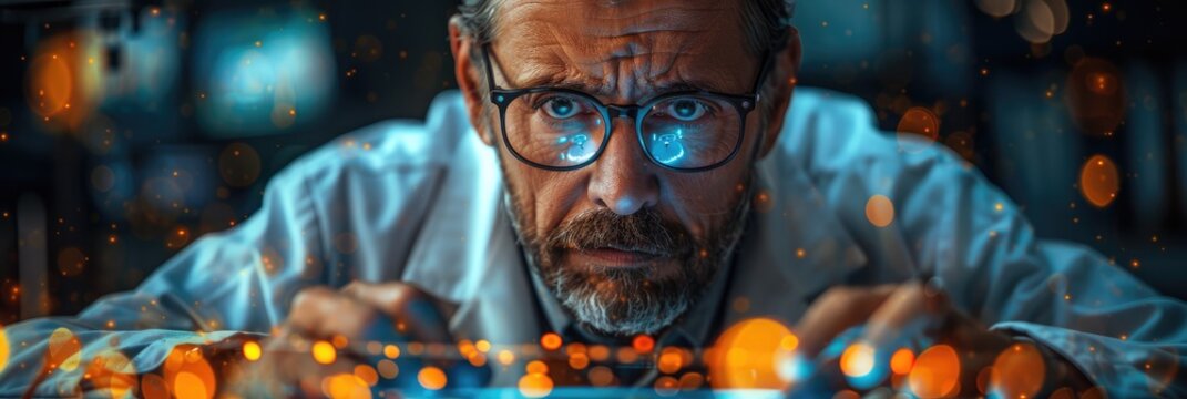 scientist in white coat working with data on digital screen with hologram display with glowing light.