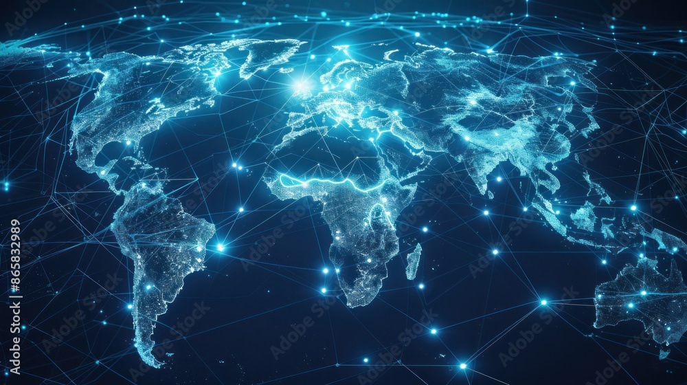 Wall mural Global network and data exchange concept. Planet earth with network connections and data points. Technology, communication, internet, and globalization background. - Wall murals