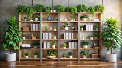 Modern minimalist bookshelf overflowing with lush greenery and sleek decorative pieces creating a chic virtual office background ambiance.