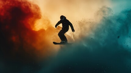 Naklejka premium A dynamic photo of a snowboarder performing a trick amidst vivid clouds of colorful powder, embodying the essence of adventure and thrill.