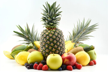 various fresh fruits on a white background, pineapple