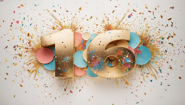 Golden 16th Birthday Celebration with Confetti