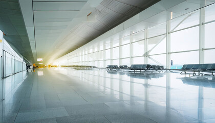 A sunlit airport terminal, empty seats reflecting on the polished floor