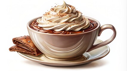 A decadent and richly detailed illustration of a steaming cup of hot chocolate garnished with fluffy whipped cream on a pure white backdrop.