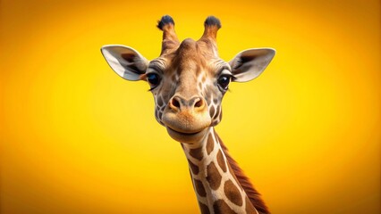 Obraz premium Amusing solo African giraffe with oversized eyes and goofy smile gleefully stands upright on bright sunny yellow background isolated.