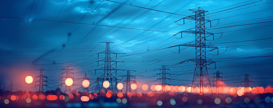 high-voltage tower and power lines with urban backdrop abstract city night electric energy technology vibrant blue monochrome twilight landscape