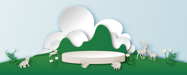 Circle stage podium of Natural landscape with wild animals. Ecology and save the world template. Paper cut and craft style. vector, illustration.