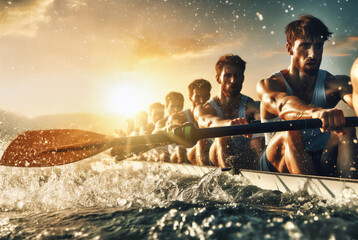 Close up of rowing team race, men team effort, togetherness concept, low angle view from the water