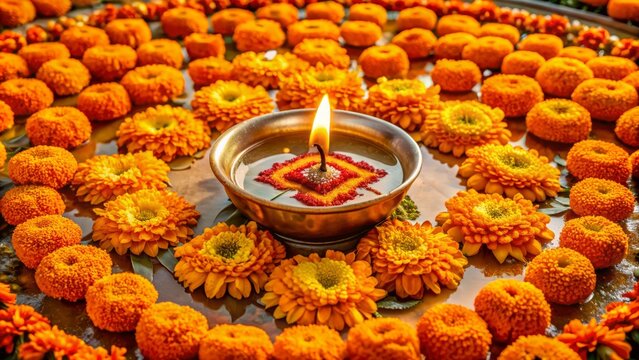 Vibrant orange hawan kund with swastik symbol amidst marigold flowers and diyas on a transparent background with intricate traditional Indian designs.