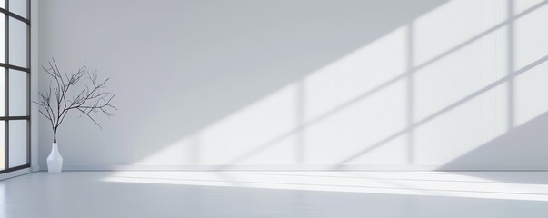 Minimalistic empty room with sunlight streaming through large windows and a vase with bare branches, creating a serene and calm atmosphere.