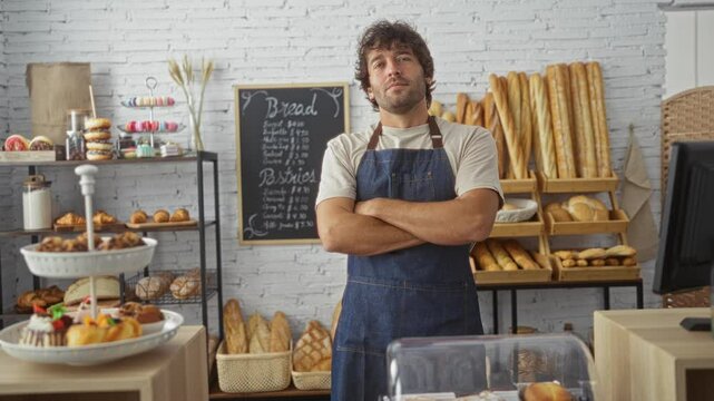 Young man in bakery room with bread and pastries posing handsomely in front of basketed shelves under soft lighting