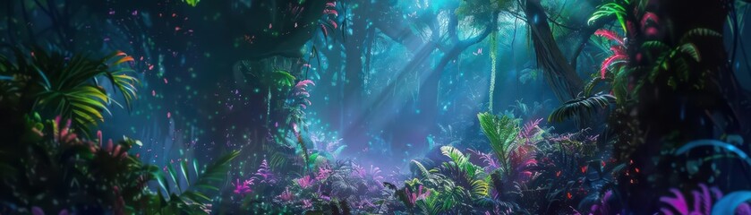 Fototapeta premium A dense jungle where the flora is bioluminescent and the fauna are exotic and alien, giving a mysterious and otherworldly feeling in a lush and colorful scifi illustration
