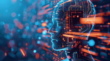 Digital background featuring an AI head with glowing lines and light effects