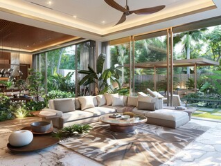 Fototapeta premium A modern living room with large floortoceiling windows overlooking a lush garden