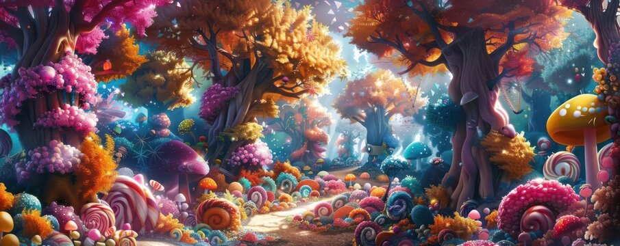 A mystical forest where the trees are made of candy and the leaves are edible sweets