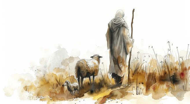 Watercolor Painting of Jesus Christ as Shepherd with Lamb in Meadow