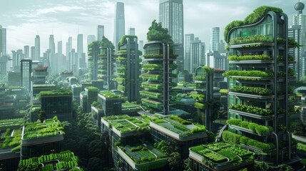 Obraz premium A futuristic cityscape where vertical farms and rooftop gardens are part of every building.