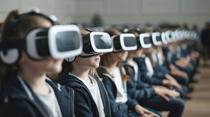 A group of students wearing VR headsets immersed in a virtual reality experience, creating an engaging and futuristic educational environment.