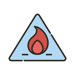 Fire flammable warning triangle outline filled color icon. Fire burn caution vector icon. Inflammable liquid illustration image