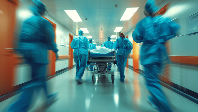 Emergency room doctors and nurses transporting patient on gurney with motion blur highlighting speed and urgency