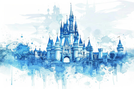 Watercolor Blue Fairy Tale Castle Illustration with White Background
