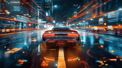 Futuristic Digital Car Racing Game with Holographic Interface at Night High Detail Realistic High Resolution High Perspective High Definition Speed Crypto Tokens