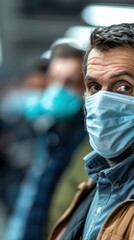 Fototapeta premium A man wearing a face mask looks sideways in a crowded indoor setting, illustrating the importance of health precautions during a pandemic.