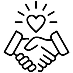 Partnership and handshake with love concept icon, outline icon isolated on white background flat vector illustration.
