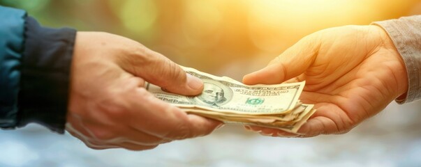 Close-up of two hands exchanging cash in natural light, representing financial transaction or business deal with currency notes.