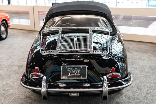 New York City, USA - March 27, 2024: 1962 Porsche 356 retro convertible vehicle at New York International Auto Show in Manhattan, back view