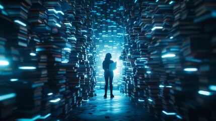 A person standing in a futuristic library surrounded by floating books, illuminated by blue lights, symbolizing knowledge and technology.