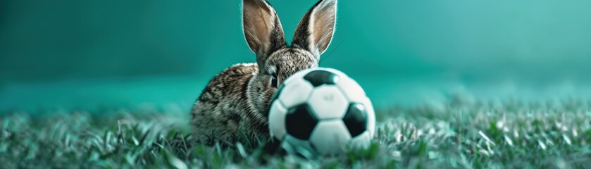 Brown rabbit lying on green grass field with black and white soccer ball, creating a unique and...