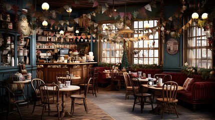A cozy restaurant with wooden tables and chairs arranged neatly in front of a large window.