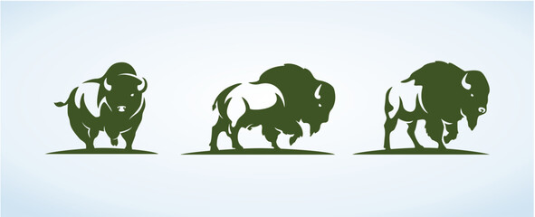 an illustration of three byson vector logo idea with different posses of byson and separated layers.