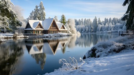 Fototapeta premium A lakeside house nestled amidst trees, creating a serene and picturesque setting.