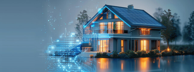 3D rendering of eco-friendly smart home with solar energy system and digital holograms for renewable power solutions - Generative AI